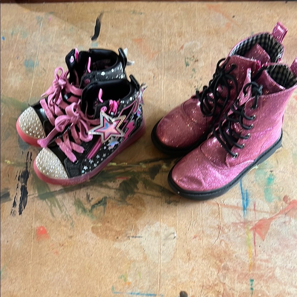 Pink and Black girl Glitter Boots with pink and black rhinestone high tops. Used
